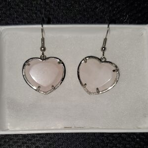 Heart Shaped Silver Tone Pink Faceted Rose Quartz Dangle Pierced Hook Earrings